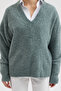 Çağla Yeşili V-Neck Comfortable Cut Knitwear Sweater 1383 - 6