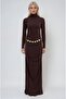 Brown Gold Belted and Drape Detailed Long Dress 2953