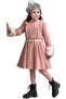Girls' Houndstooth Pattern Dress Sleeves Plush and Pink Stamp Coat with Pearl Embroidered Belt on the Shoulder - 2