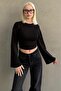 Black Crew Neck Side Gathered Wide Sleeve Women's Blouse Mg2628 - 4