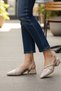 Mary Jane Women's Cream Open Back Pointed Toe Short Block Heels with Baretli Belt Detail - 4