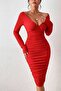 Double-Breasted Collar Long Sleeve Ruched Detail Miidi Length Dress from the Sides