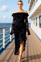 Women's Carmen Neckline Long Sleeve Bodycon Molded Ruffled Maxi Dress Functional Durable Sports