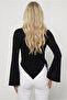 Women's Black Round Neck Drape Detailed Spanish Sleeve Hijab Matching Blouse - 5