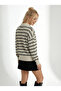 Women's Striped Oversized Cut Polo Neck Trendy Knitwear Sweater 2594 - 2