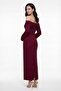 Women's Burgundy Carmen Collar Stylish Evening Dress - 5