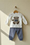 Unisex Baby Set Teddy Bear Printed Plaid Gingham Pants Top and Bottom Set - 2