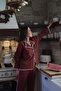 Women's Brick V-Neck Elastic Sleeves Linen Top and Bottom Set Vs00663