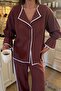 Women's Brick V-Neck Elastic Sleeves Linen Top and Bottom Set Vs00663 - 4