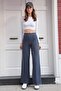 Women's Anthracite High Waist Elastic Waist Striped Palazzo Pants Vs01226