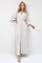 Women's Beige Deep V-Neck Elastic Waist Striped Dress Vs00357 - 8