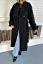 Black Oversize Belted Double Buttoned Unlined Long Coat Vs01605 - 2