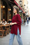 Burgundy Oversize Double Sleeve Long T-Shirt with Side Slits |   Cotton Basic Crew Neck Single Jersey Fabric Casual Comfortable T-Shirt |   Standard Size All Season - 7
