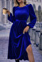 Cobalt Round Neck Balloon Sleeve Velvet Fabric Belted Flared Dress
