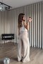 Beige Wide Leg High Waist Elastic Waistband Trousers - 5
