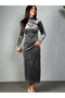 New Season Women's Shoulder Gathered Long Sleeve Stone Velvet Dress
