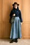 Navy Blue Scarf Body & Ice Blue Pleated Detail Denim Skirt Set - 3