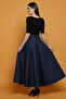 Patterned Puff Scuba Flared Elastic Long Skirt Navy Blue - 6