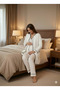 Women's Ecru Short Sleeve Buttoned Front Piped Pocket Maternity 3-Piece Pajama Set - 3