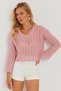 Women's Pink V-Neck Lace-Like Knit Knitwear Blouse Be304 - 4
