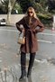 Brown Collar Fur Sleeve Cuff Detail Belted Women's Cashmere Coat - 4