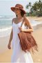 Special Design Hand Knitted Brick Color Paper String Bag and Hat Set - Bohemian P with Tassels and 3D Flowers