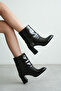 Women's Black Heeled Boots Thick Heel Side Buckle Detail - 4