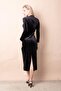 Women's Stretch Fabric Velvet V-Neck Front Accessory Long Sleeve Slit Long Evening Dress/Evening Gown-Black - 6