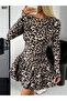 Long Sleeve Turtleneck Ruffled Leopard Print Modal Dress - 5