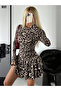 Long Sleeve Turtleneck Ruffled Leopard Print Modal Dress - 6