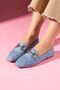 Arven Baby Blue Suede Loafer Ballet Flats with Gold Buckle - 4