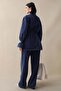 Ruffled Navy Blue Denim Suit with Stone Sleeves - 5