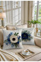Punch Embroidery Pattern Blue and White Floral on White Background 4-Piece Digital Printed Throw Pillow Cover - 2