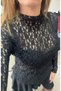 Half Turtleneck Full Stretch Fabric Lace Blouse-Black - 3
