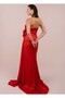 Slit Satin Strapless Dress with Rose Detail - 2