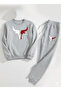 Unisex Bull Horn Printed Crew Neck Bottom Top Gray Black O Oversized Tracksuit Set