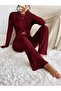 Burgundy Crew Neck Long Sleeve Front Twist Stretch Fabric Blouse Flared Pants Set, Burgundy Set - 2
