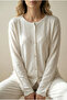 Off-White Polka Dot Pattern Patchwork Button-Front Knitted Pajama Set - 7
