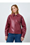 Women Burgundy Zip Up Faux Leather Jacket - 4