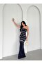 Navy Blue Pearl Embroidered Yı Slit Strapless Pencil Evening Dress - 3