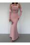 Powder Stone Embroidered Sleeve Detailed Strap Evening Dress - 4