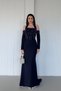 Navy Blue Stone Embroidered Sleeve Detailed Strap Evening Dress