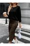 Women's Long Sleeve Modal Blouse Leopard Print Skirt Bottom Top Two Piece Set - 6