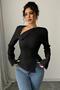 Black Asymmetrical Neck Detail Back Tie Long Sleeve Crepe Fabric Blouse