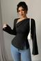 Black Asymmetrical Neck Detail Back Tie Long Sleeve Crepe Fabric Blouse - 3