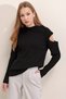 Women's Knitwear Sweater Black Cut-Out Shoulder Detail Long Sleeve Crew Neck Casual and Stylish Woven Detail - 2