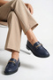 Women's Special Design Elegant Buckle Detailed Navy Blue Loafer Shoes - 5