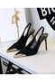 Women's Stiletto Pointed Toe Gold Detailed Open Back Heeled Shoes Black - 2
