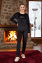 Women's Velvet Printed Pajama Set 25382 Black - 5