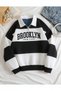 Black Brooklyn Printed Half Zipper Segmented Polo Neck Unisex Sweatshirt - 2